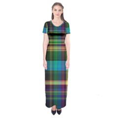 Colorful Madras Plaid Short Sleeve Maxi Dress by SpinnyChairDesigns