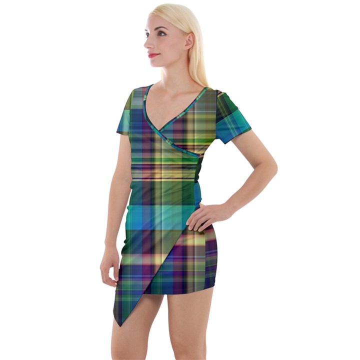 Colorful Madras Plaid Short Sleeve Asymmetric Mini Dress