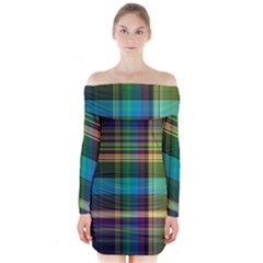 Colorful Madras Plaid Long Sleeve Off Shoulder Dress by SpinnyChairDesigns