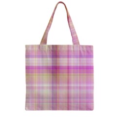 Pink Madras Plaid Zipper Grocery Tote Bag by SpinnyChairDesigns