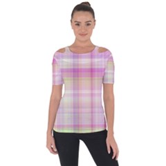 Pink Madras Plaid Shoulder Cut Out Short Sleeve Top by SpinnyChairDesigns