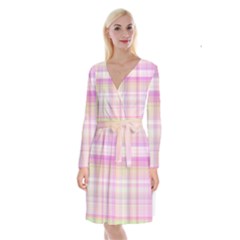 Pink Madras Plaid Long Sleeve Velvet Front Wrap Dress by SpinnyChairDesigns