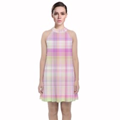 Pink Madras Plaid Velvet Halter Neckline Dress  by SpinnyChairDesigns