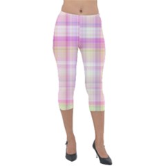 Pink Madras Plaid Lightweight Velour Capri Leggings  by SpinnyChairDesigns