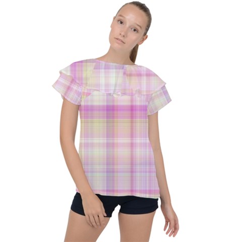 Pink Madras Plaid Ruffle Collar Chiffon Blouse by SpinnyChairDesigns