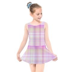 Pink Madras Plaid Kids  Skater Dress Swimsuit by SpinnyChairDesigns