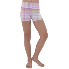 Pink Madras Plaid Kids  Lightweight Velour Yoga Shorts by SpinnyChairDesigns