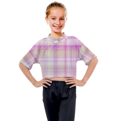 Pink Madras Plaid Kids Mock Neck Tee by SpinnyChairDesigns