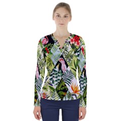 Flamingo Ropical V-neck Long Sleeve Top by designsbymallika