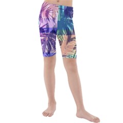 Purple Tropical Pattern Kids  Mid Length Swim Shorts by designsbymallika