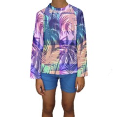 Purple Tropical Pattern Kids  Long Sleeve Swimwear by designsbymallika