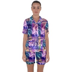 Purple Tropical Pattern Satin Short Sleeve Pyjamas Set by designsbymallika