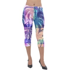 Purple Tropical Pattern Lightweight Velour Capri Leggings  by designsbymallika