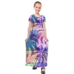 Purple Tropical Pattern Kids  Short Sleeve Maxi Dress by designsbymallika