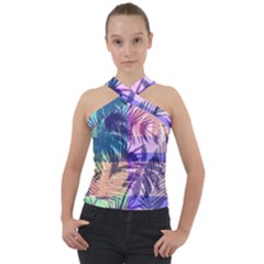 Purple Tropical Pattern Cross Neck Velour Top