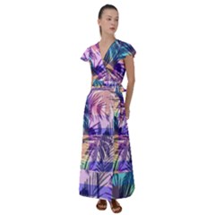 Purple Tropical Pattern Flutter Sleeve Maxi Dress by designsbymallika