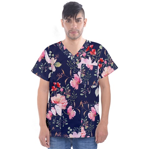 Printed Floral Pattern Men s V-neck Scrub Top by designsbymallika