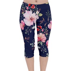 Printed Floral Pattern Velvet Capri Leggings  by designsbymallika