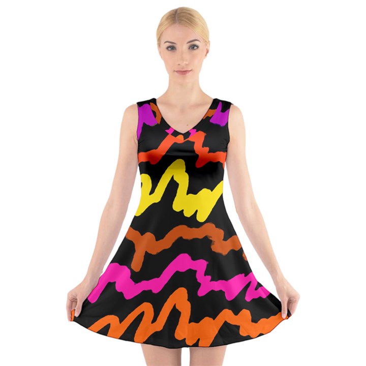 Multicolored Scribble Abstract Pattern V-Neck Sleeveless Dress