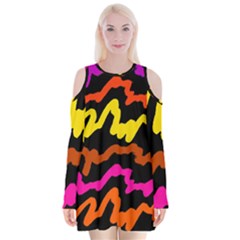 Multicolored Scribble Abstract Pattern Velvet Long Sleeve Shoulder Cutout Dress by dflcprintsclothing