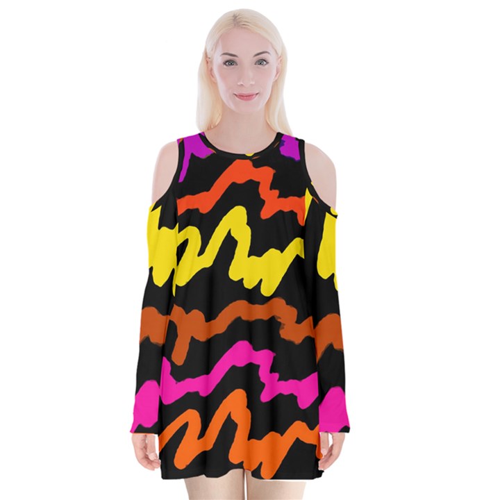 Multicolored Scribble Abstract Pattern Velvet Long Sleeve Shoulder Cutout Dress