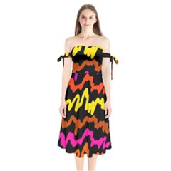 Multicolored Scribble Abstract Pattern Shoulder Tie Bardot Midi Dress by dflcprintsclothing