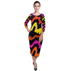 Multicolored Scribble Abstract Pattern Quarter Sleeve Midi Velour Bodycon Dress