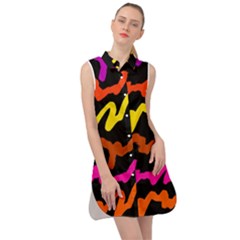 Multicolored Scribble Abstract Pattern Sleeveless Shirt Dress by dflcprintsclothing