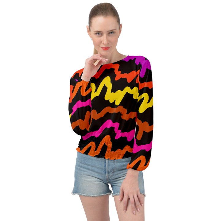 Multicolored Scribble Abstract Pattern Banded Bottom Chiffon Top