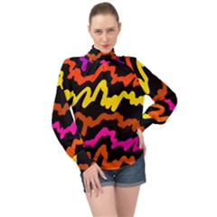 Multicolored Scribble Abstract Pattern High Neck Long Sleeve Chiffon Top by dflcprintsclothing