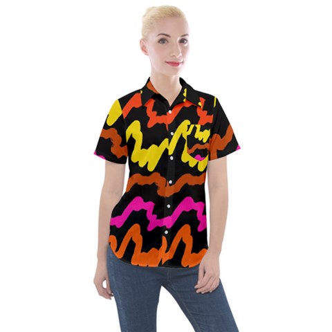 Multicolored Scribble Abstract Pattern Women s Short Sleeve Pocket Shirt by dflcprintsclothing