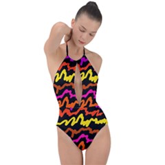 Multicolored Scribble Abstract Pattern Plunge Cut Halter Swimsuit by dflcprintsclothing