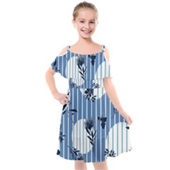 Stripes Blue White Kids  Cut Out Shoulders Chiffon Dress