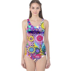 Double Sunflower Abstract One Piece Swimsuit by okhismakingart