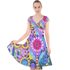 Double Sunflower Abstract Cap Sleeve Front Wrap Midi Dress by okhismakingart