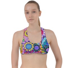 Double Sunflower Abstract Criss Cross Racerback Sports Bra by okhismakingart