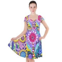 Double Sunflower Abstract Cap Sleeve Midi Dress by okhismakingart