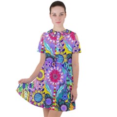 Double Sunflower Abstract Short Sleeve Shoulder Cut Out Dress  by okhismakingart