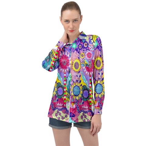 Double Sunflower Abstract Long Sleeve Satin Shirt by okhismakingart