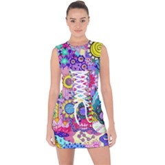 Double Sunflower Abstract Lace Up Front Bodycon Dress by okhismakingart