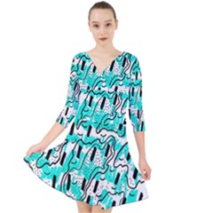 Doodle Art Minimal Drawing Pen Quarter Sleeve Front Wrap Dress