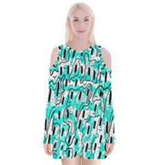 Doodle Art Minimal Drawing Pen Velvet Long Sleeve Shoulder Cutout Dress