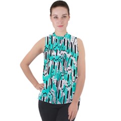 Doodle Art Minimal Drawing Pen Mock Neck Chiffon Sleeveless Top