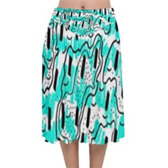 Doodle Art Minimal Drawing Pen Velvet Flared Midi Skirt