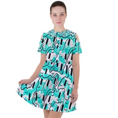 Doodle Art Minimal Drawing Pen Short Sleeve Shoulder Cut Out Dress 