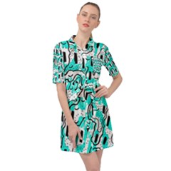 Doodle Art Minimal Drawing Pen Belted Shirt Dress