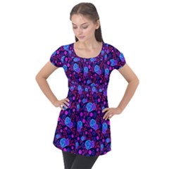 Backgroung Rose Purple Wallpaper Puff Sleeve Tunic Top