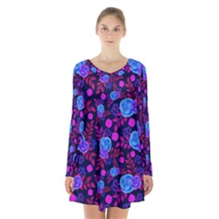 Backgroung Rose Purple Wallpaper Long Sleeve Velvet V-neck Dress