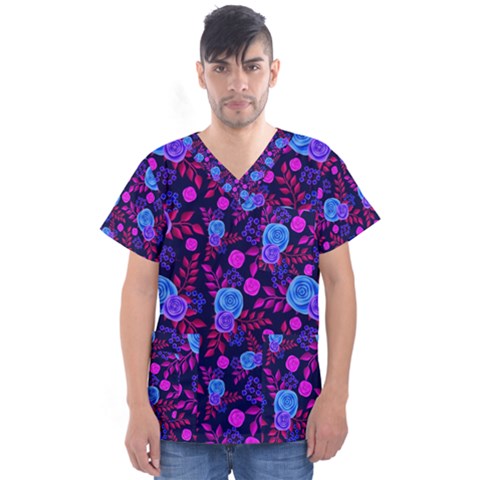 Backgroung Rose Purple Wallpaper Men s V-neck Scrub Top by HermanTelo