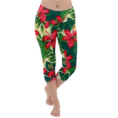 Floral Pink Flowers Lightweight Velour Capri Yoga Leggings